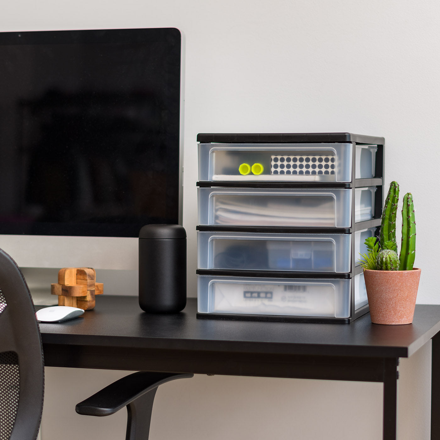 Medium 4-Drawer Compact Desktop Organizer, Stacking Desktop Unit, Black-Clear, Single Pk