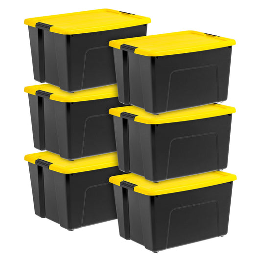 60 Qt. (15 gal.) Large Latch Box, Plastic Storage Bins with Lids, Black-Yellow, Set of 6