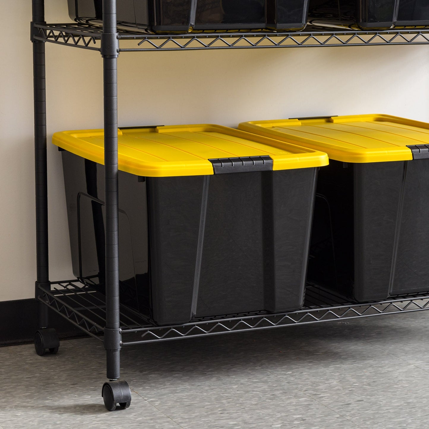 60 Qt. (15 gal.) Large Latch Box, Plastic Storage Bins with Lids, Black-Yellow, Set of 6