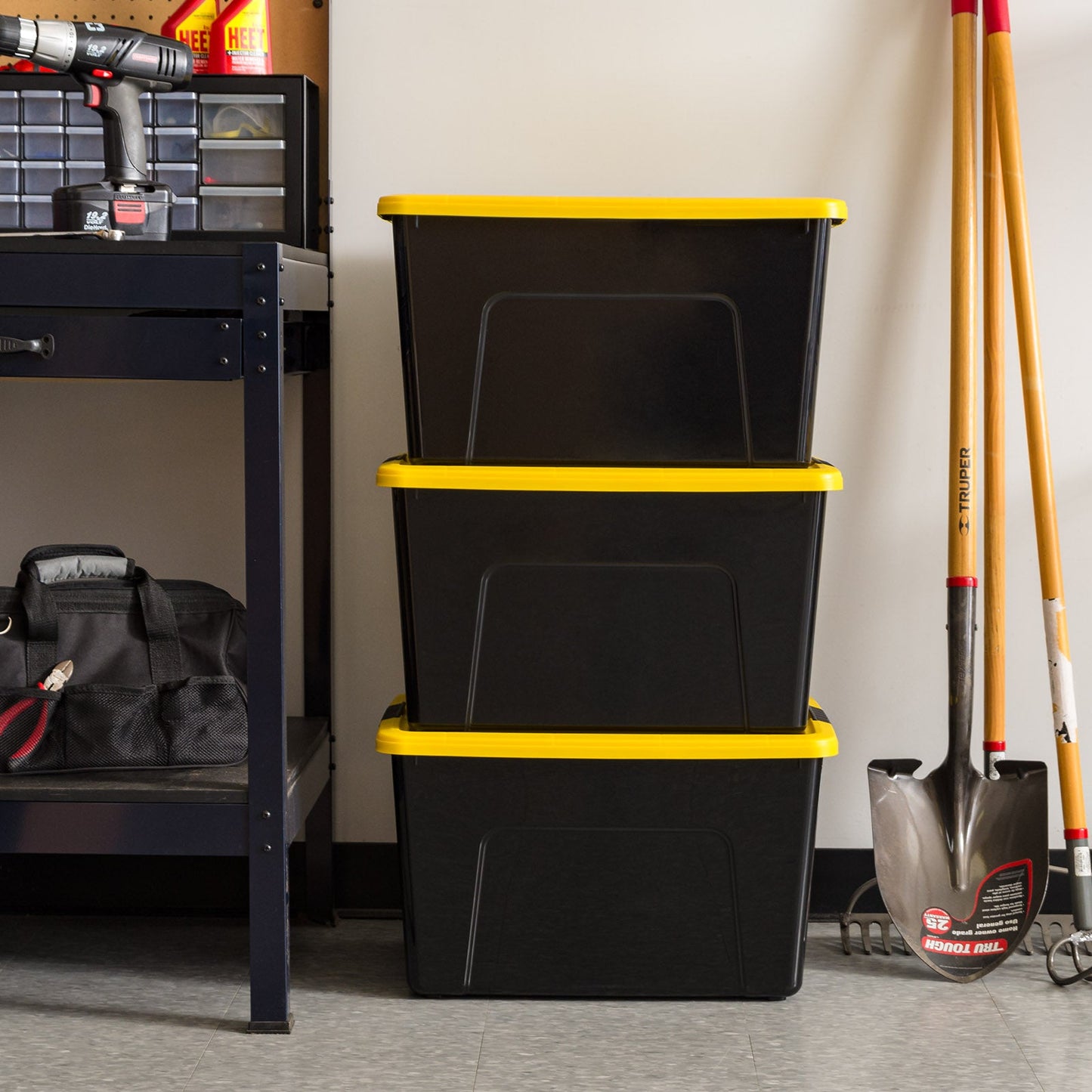 60 Qt. (15 gal.) Large Latch Box, Plastic Storage Bins with Lids, Black-Yellow, Set of 6