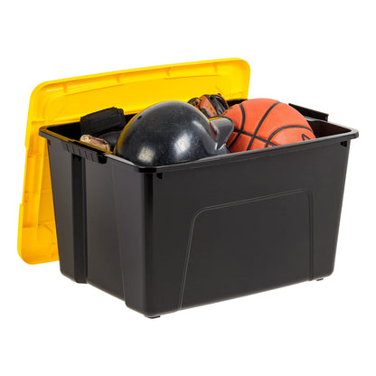 60 Qt. (15 gal.) Large Latch Box, Plastic Storage Bins with Lids, Black-Yellow, Set of 6